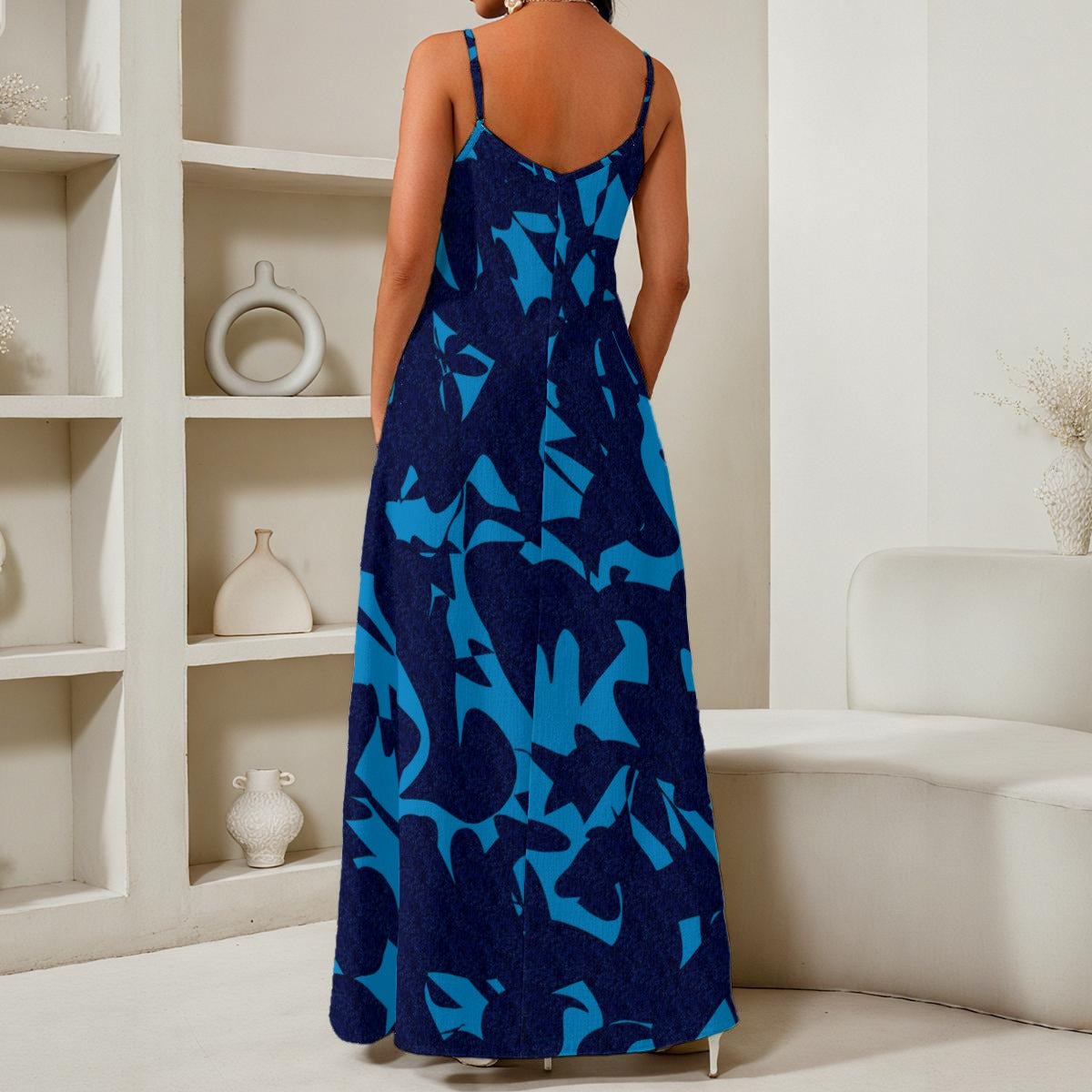 Blue Waves In Blue All-Over Print Women's Elegant V-Neck Maxi Dress