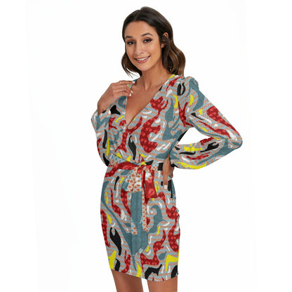 Coloful Maze All-Over Print Women's Long Sleeve Dress With Waist Belt