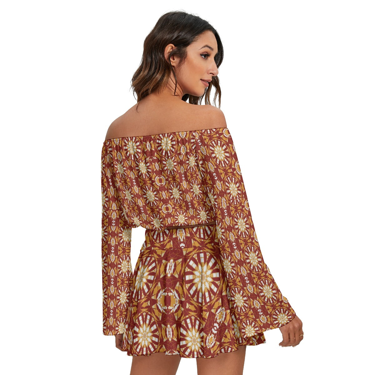 Tribal All-Over Print Women's Off-shoulder Top And Skirt Set