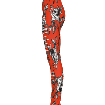 Black And White Roses In Orange All-Over Print Women's Ripped Leggings
