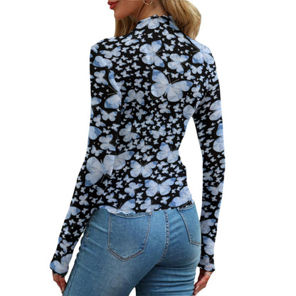 Blue Butterflies In Black All-Over Print Women's Mesh T-shirt