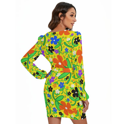 Colorful Flowers In Yellow All-Over Print Women's Long Sleeve Dress With Waist Belt