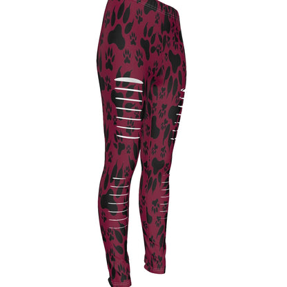 Paw Prints In Burgundy All-Over Print Women's Ripped Leggings