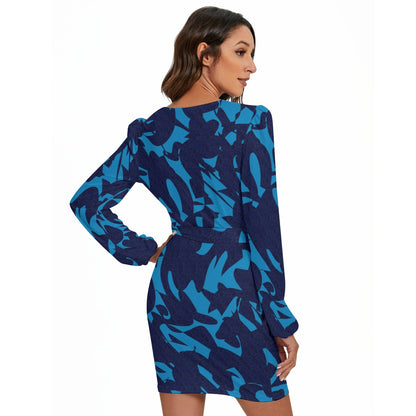 Blue Wazes In Blue All-Over Print Women's Long Sleeve Dress With Waist Belt