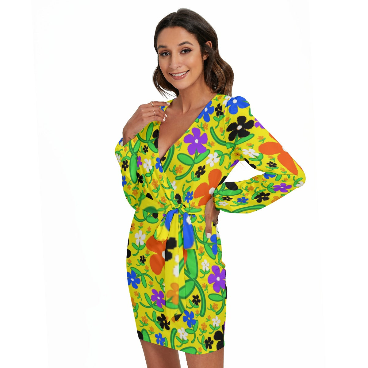 Colorful Flowers In Yellow All-Over Print Women's Long Sleeve Dress With Waist Belt