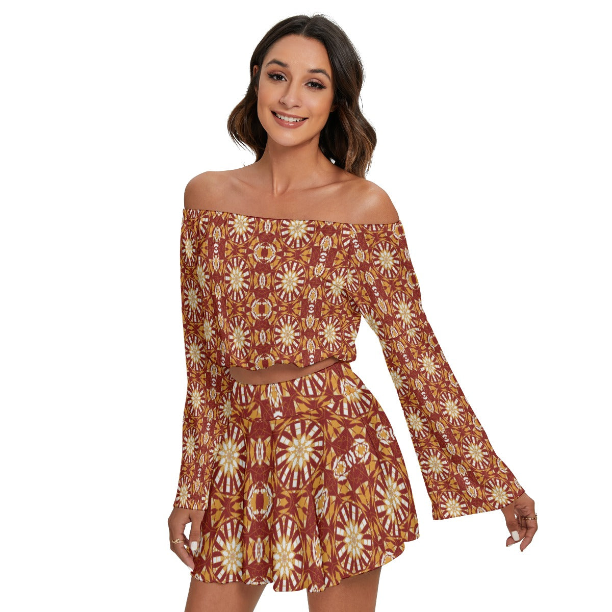 Tribal All-Over Print Women's Off-shoulder Top And Skirt Set