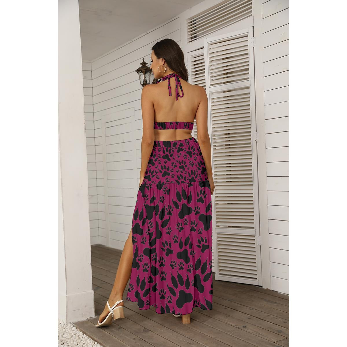Paw Prints In Burgundy All-Over Print Women's Tie Back Wrap Dress