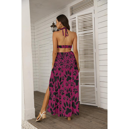 Paw Prints In Burgundy All-Over Print Women's Tie Back Wrap Dress