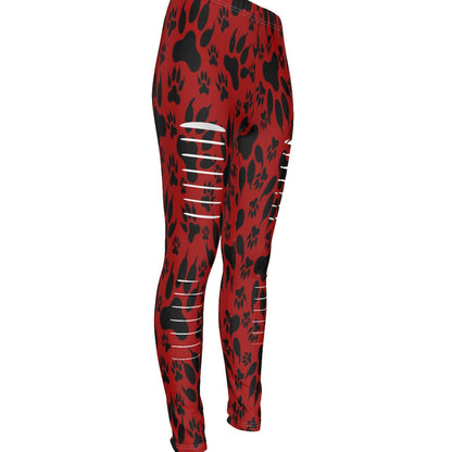 Paw Prints In Red All-Over Print Women's Ripped Leggings