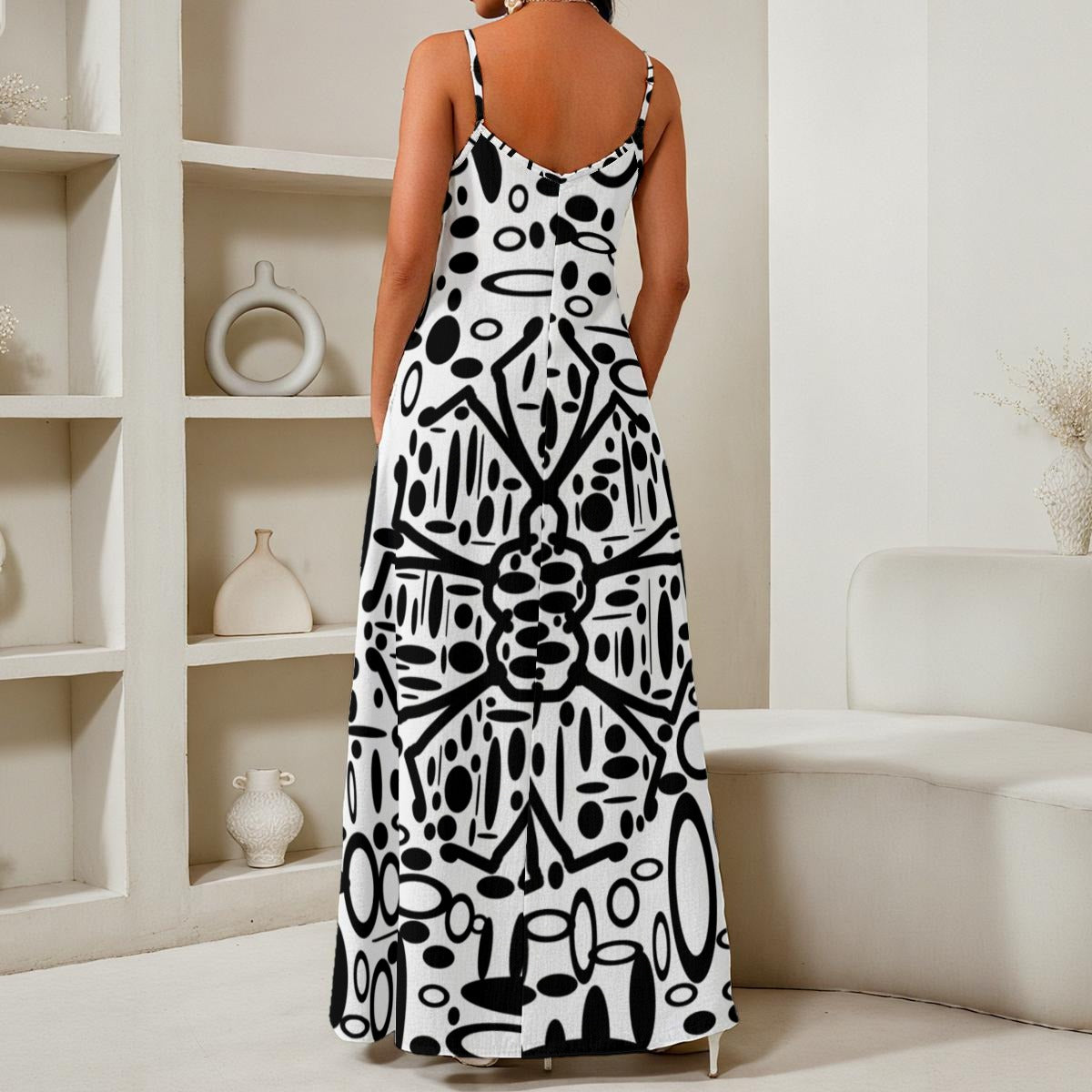 Flower Circles All-Over Print Women's Elegant V-Neck Maxi Dress