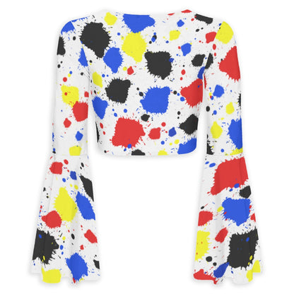 Paint Drip All-Over Print Women's Elegant Flared Sleeve Tie-Front Crop Top
