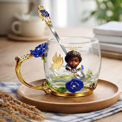 VIRGO 12OZ Enamel Floral Glass Mug With Spoon