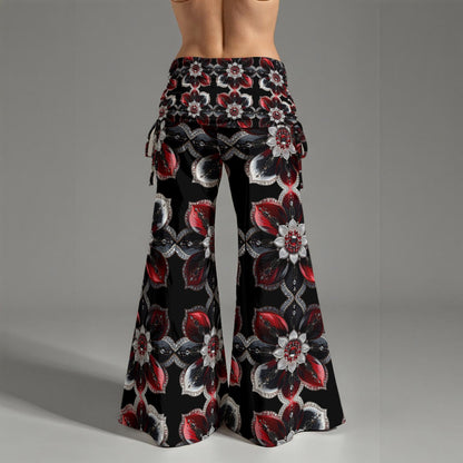 Rhinestone Colorful Flowers And Crosses In Black All-Over Print Women's High Waist Wide Leg Pants