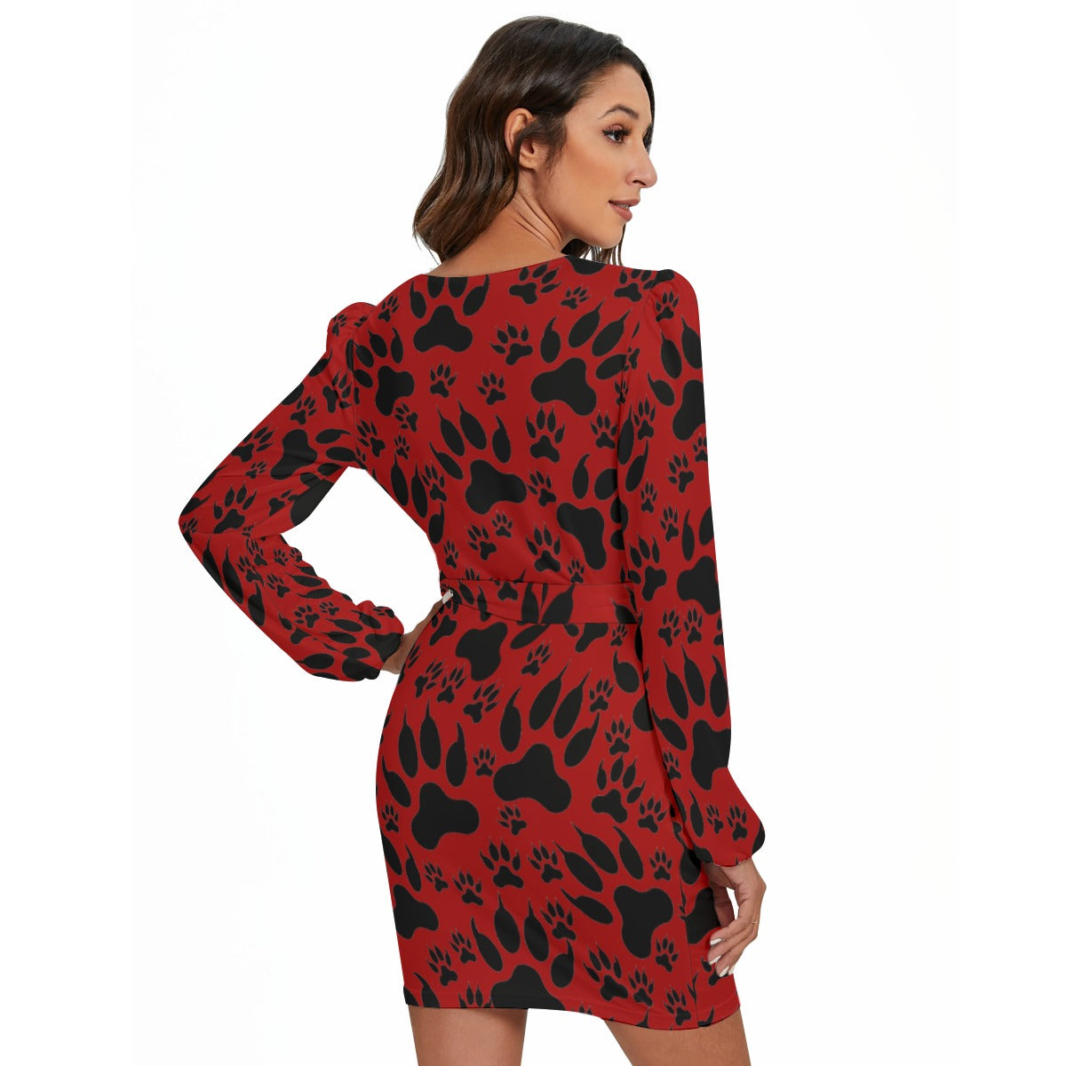 Paw Prints In Red All-Over Print Women's Long Sleeve Dress With Waist Belt