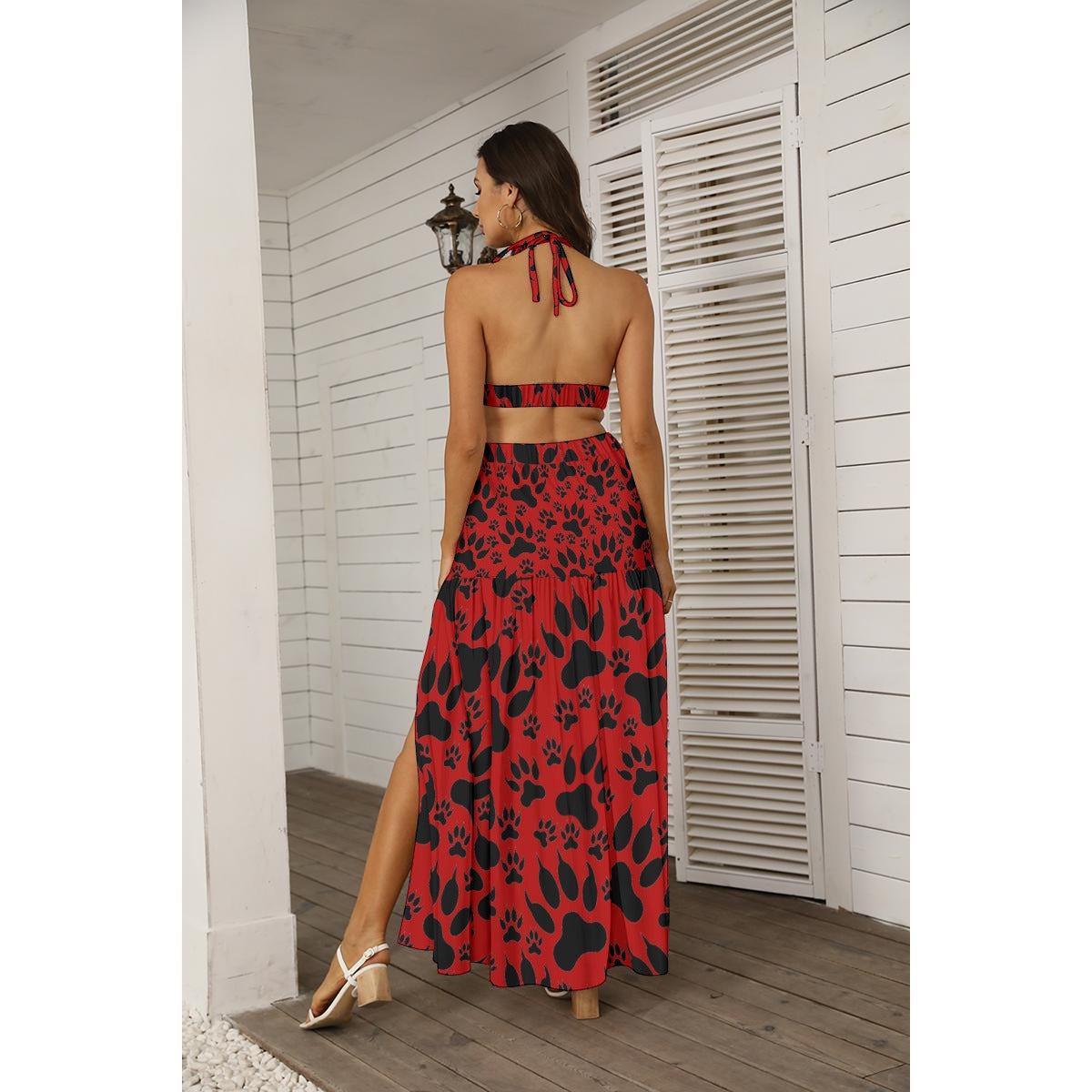 Paw Prints In Red All-Over Print Women's Tie Back Wrap Dress