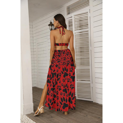 Paw Prints In Red All-Over Print Women's Tie Back Wrap Dress