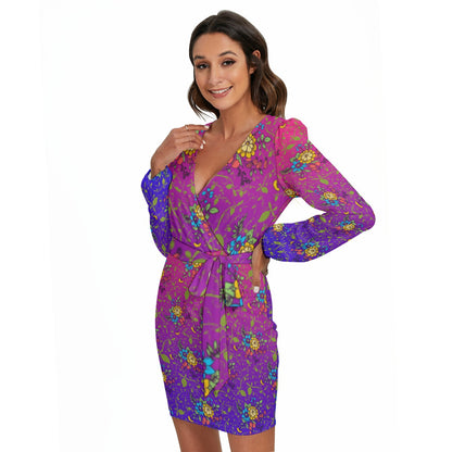 Purple Patch All-Over Print Women's Long Sleeve Dress With Waist Belt