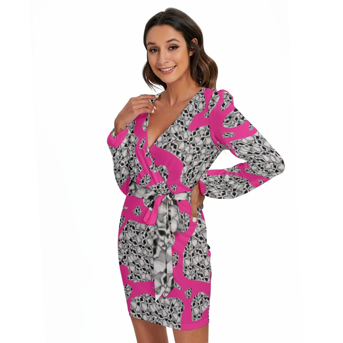 Camouflage Skulls In Pink All-Over Print Women's Long Sleeve Dress With Waist Belt
