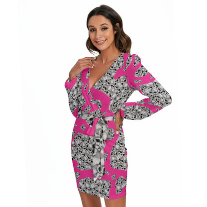 Camouflage Skulls In Pink All-Over Print Women's Long Sleeve Dress With Waist Belt
