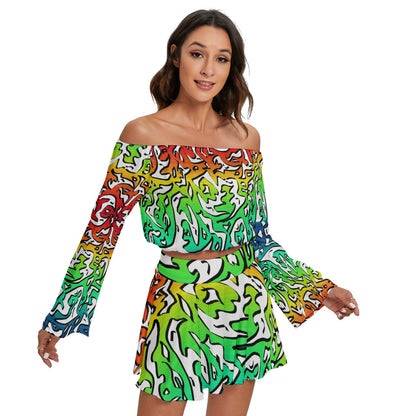 Colorful Maze All-Over Print Women's Off-shoulder Top And Skirt Set