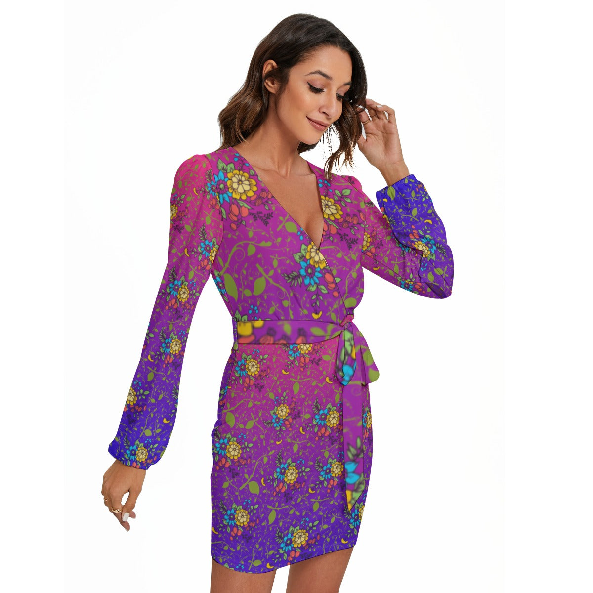 Purple Patch All-Over Print Women's Long Sleeve Dress With Waist Belt