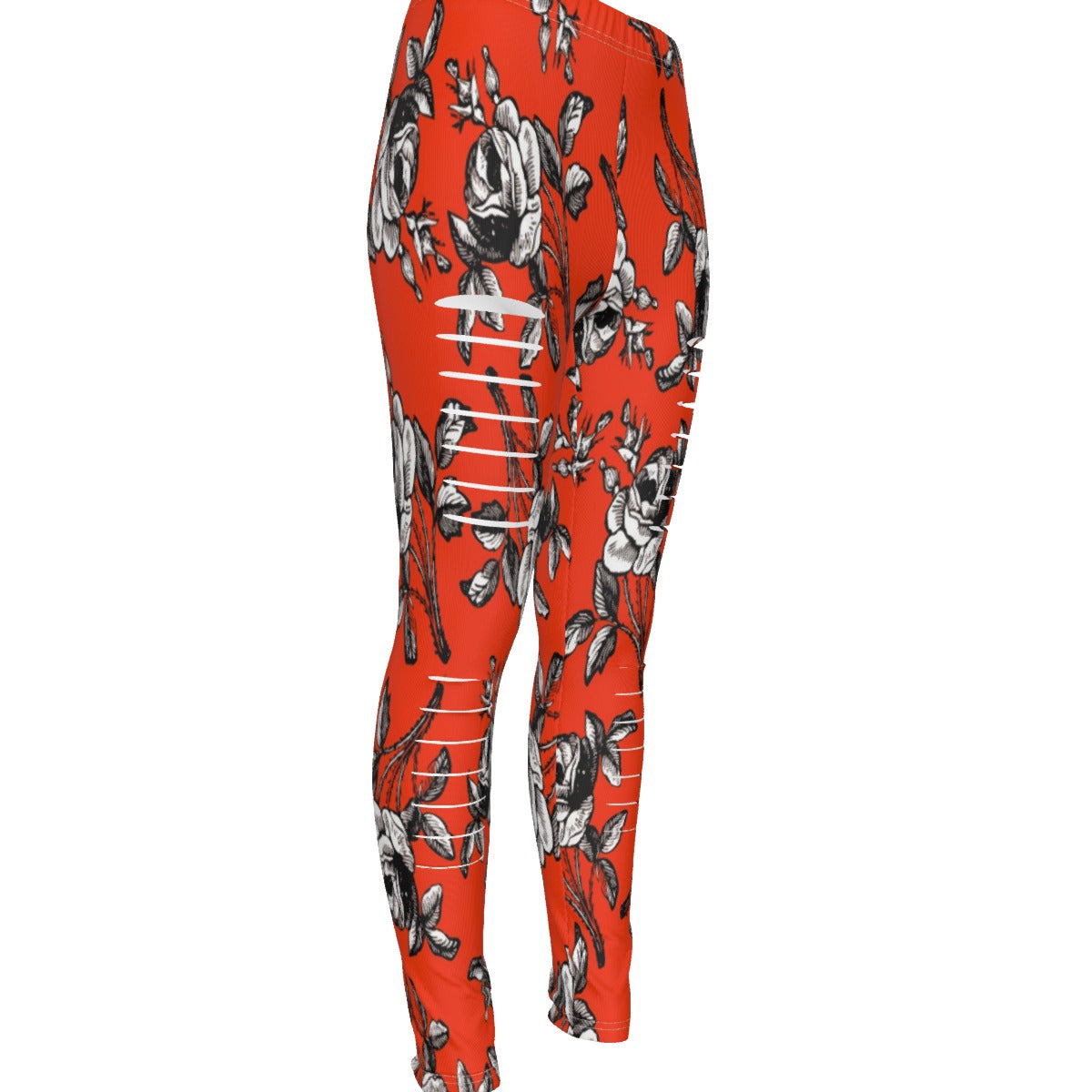 Black And White Roses In Orange All-Over Print Women's Ripped Leggings