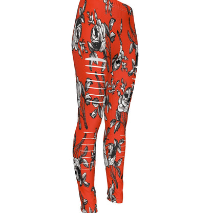 Black And White Roses In Orange All-Over Print Women's Ripped Leggings