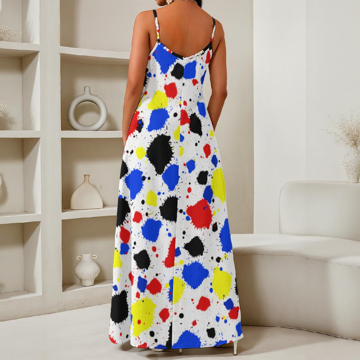 Paint Splash All-Over Print Women's Elegant V-Neck Maxi Dress