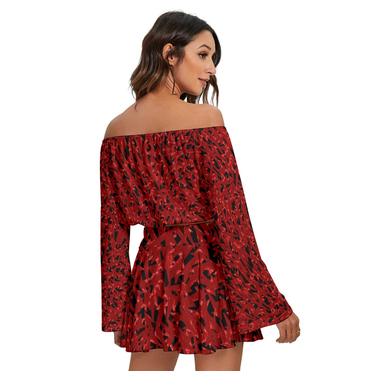 Stormy Red All-Over Print Women's Off-shoulder Top And Skirt Set