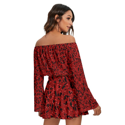 Stormy Red All-Over Print Women's Off-shoulder Top And Skirt Set