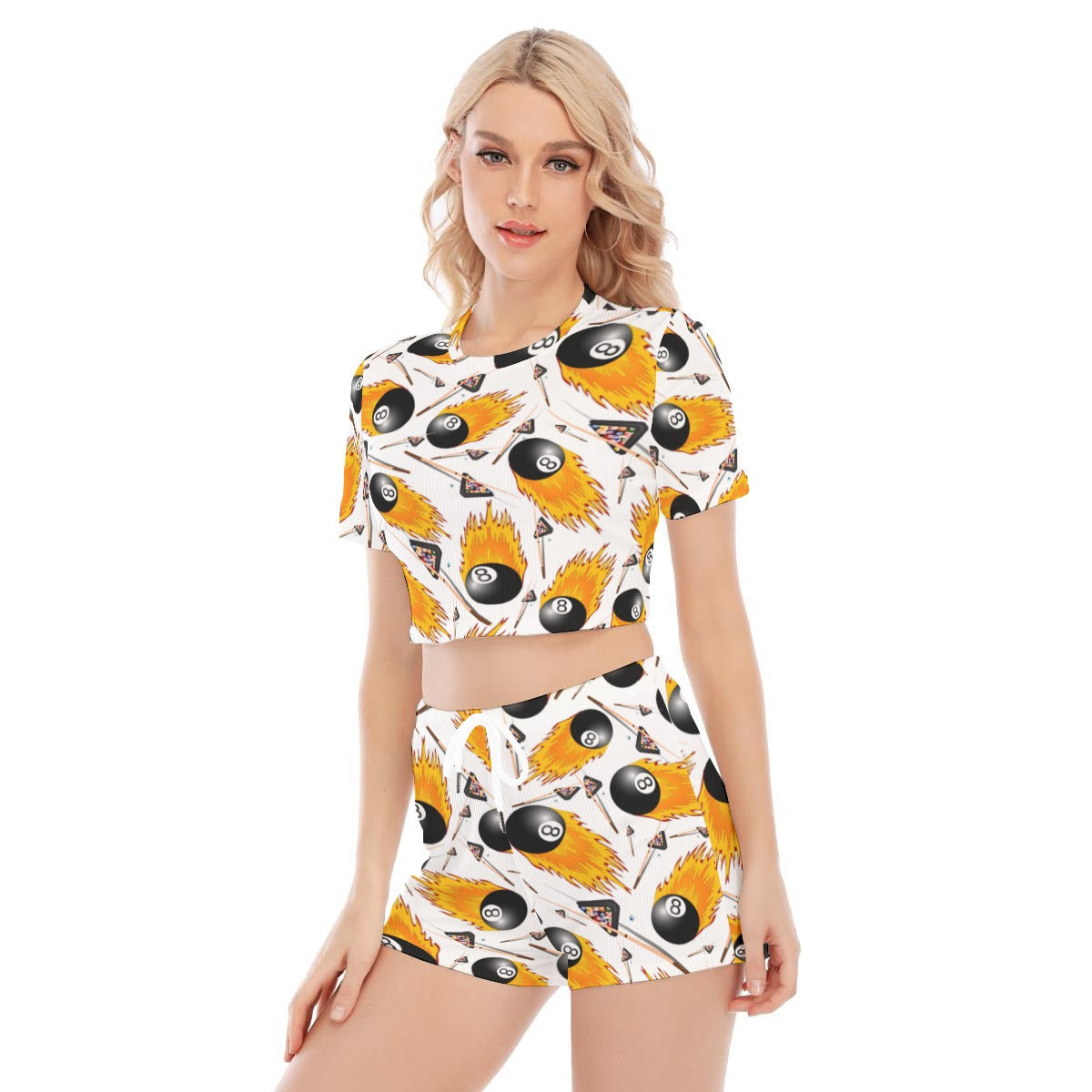 Fire 8 Ball All-Over Print Women's O-neck T-shirt Shorts Suit