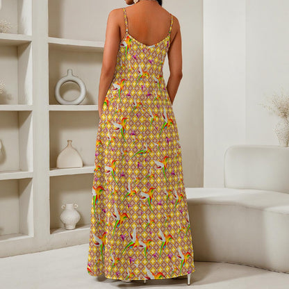 Humming Birds In Yellow Plaid All-Over Print Women's Elegant V-Neck Maxi Dress