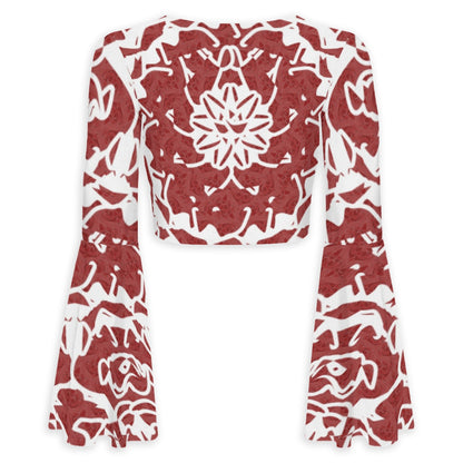 Fribal Flower All-Over Print Women's Elegant Flared Sleeve Tie-Front Crop Top