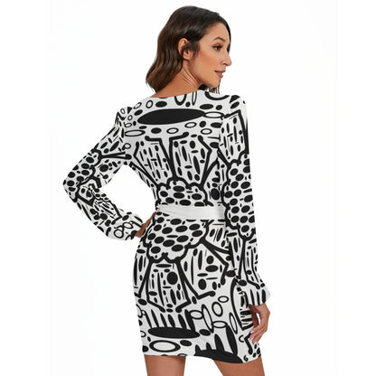 Galazy Circles All-Over Print Women's Long Sleeve Dress With Waist Belt