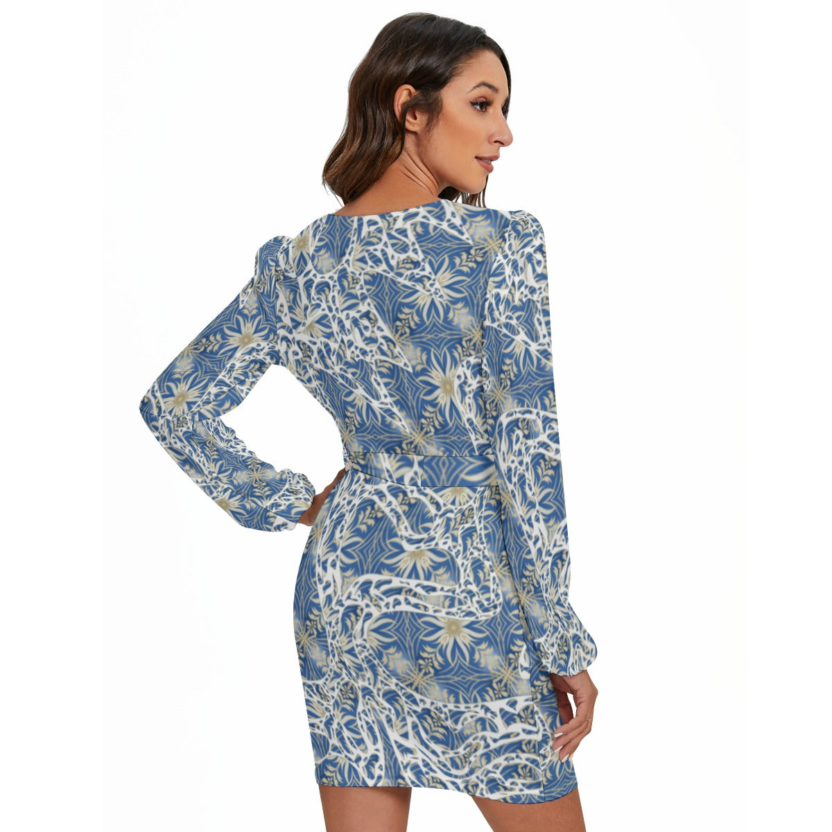 Blue Floral Maze All-Over Print Women's Long Sleeve Dress With Waist Belt