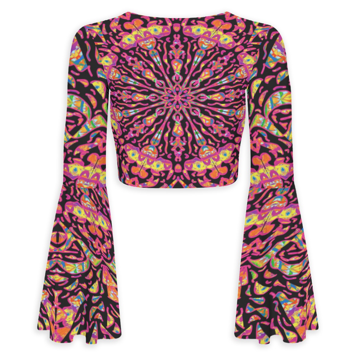 Tribal All-Over Print Women's Elegant Flared Sleeve Tie-Front Crop Top