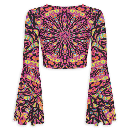 Tribal All-Over Print Women's Elegant Flared Sleeve Tie-Front Crop Top
