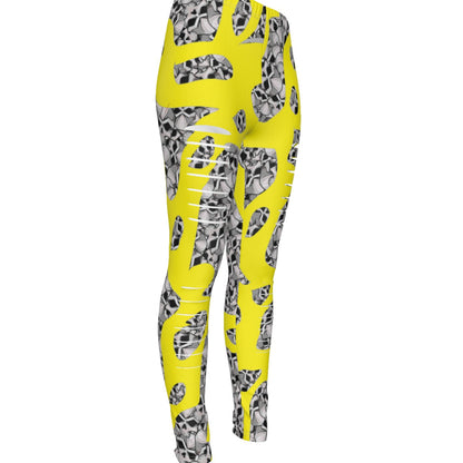 Camouflage Skulls In Yellow All-Over Print Women's Ripped Leggings
