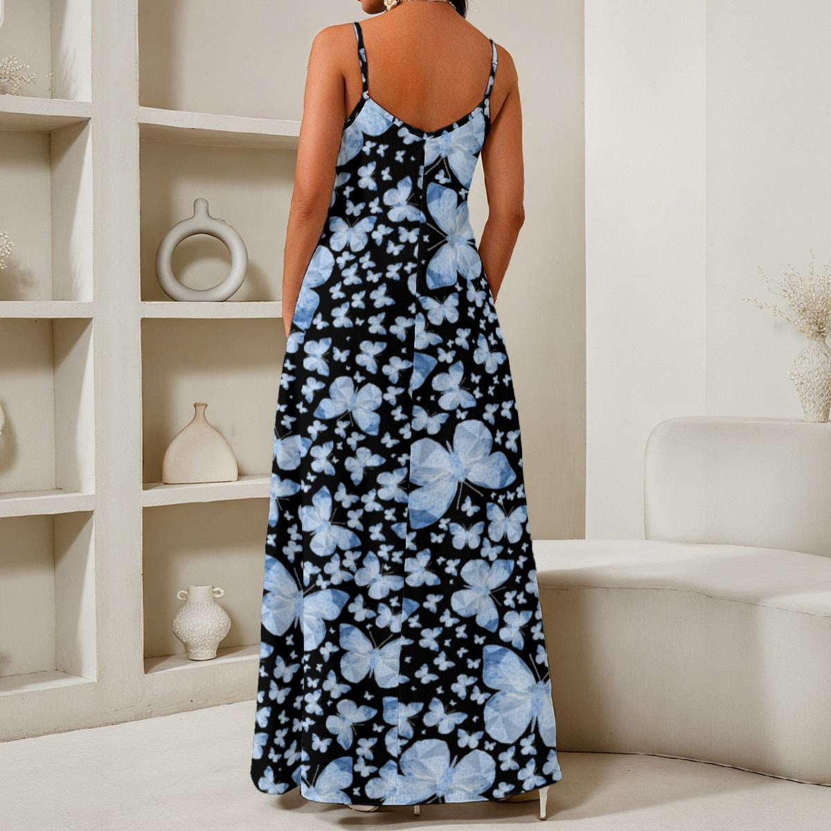 Blue Butterflies In Black All-Over Print Women's Elegant V-Neck Maxi Dress