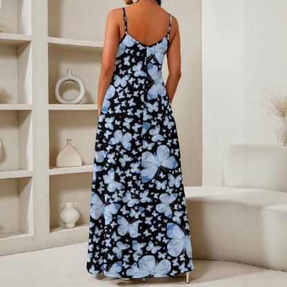 Blue Butterflies In Black All-Over Print Women's Elegant V-Neck Maxi Dress