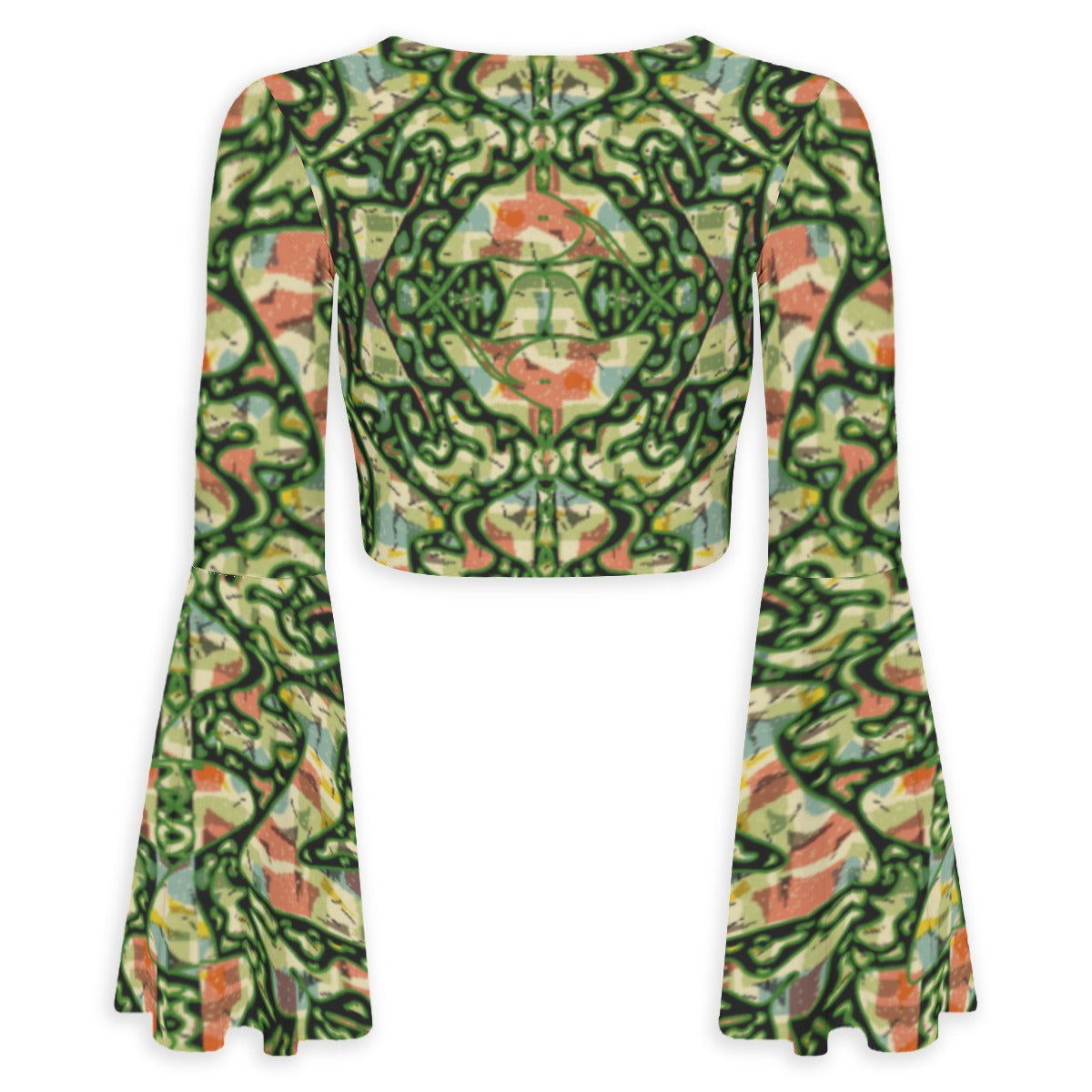 Green Vibration All-Over Print Women's Elegant Flared Sleeve Tie-Front Crop Top