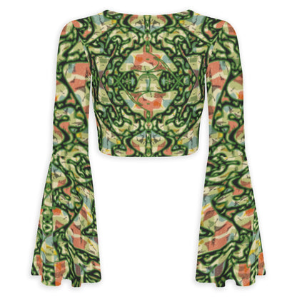 Green Vibration All-Over Print Women's Elegant Flared Sleeve Tie-Front Crop Top