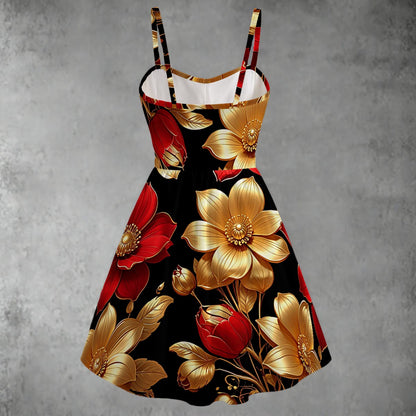 Heavenly Floral In Black print Women's Spaghetti Strap Dress