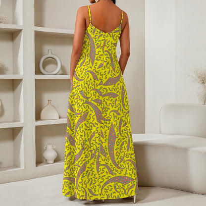 Confetti Yellow All-Over Print Women's Elegant V-Neck Maxi Dress