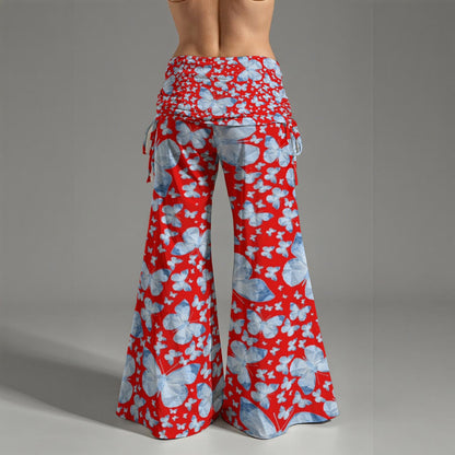 Blue Butterflies In Red All-Over Print Women's High Waist Wide Leg Pants