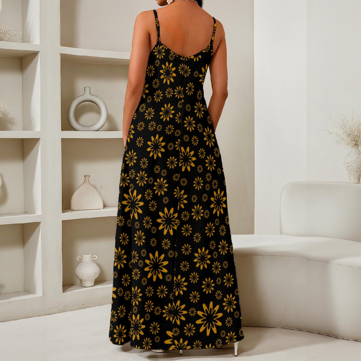 Flower Boomtelyah All-Over Print Women's Elegant V-Neck Maxi Dress