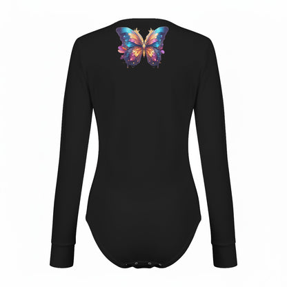 Colorful Butterflies In Black All-Over Print Women's Long Sleeve Bodysuit