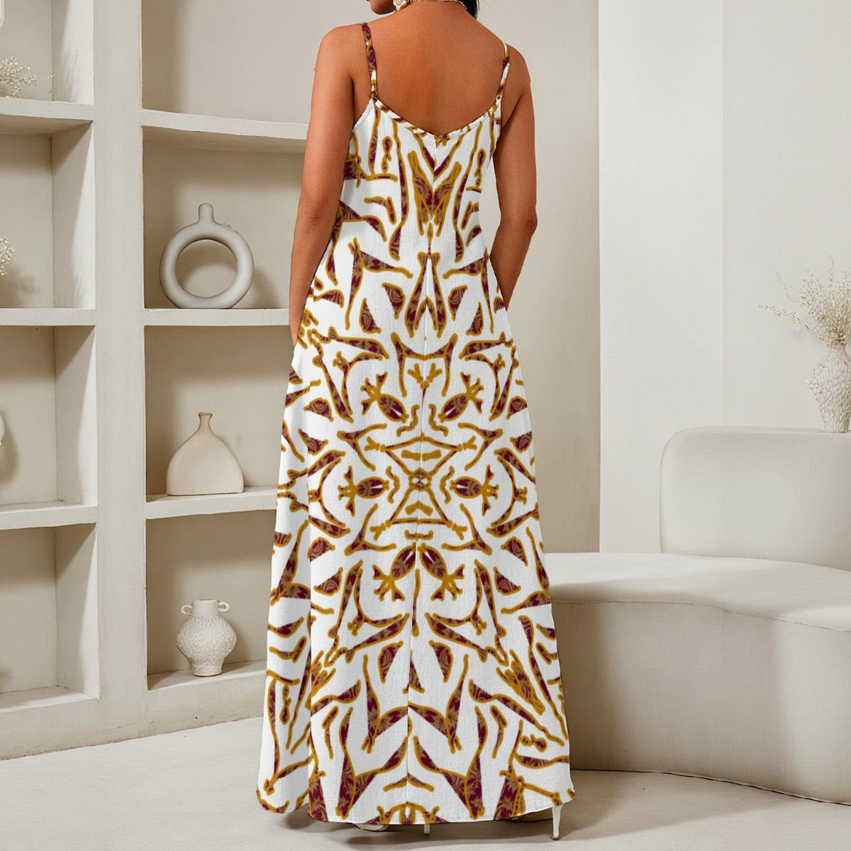 Flower Tribal Print Women's Elegant V-Neck Maxi Dress