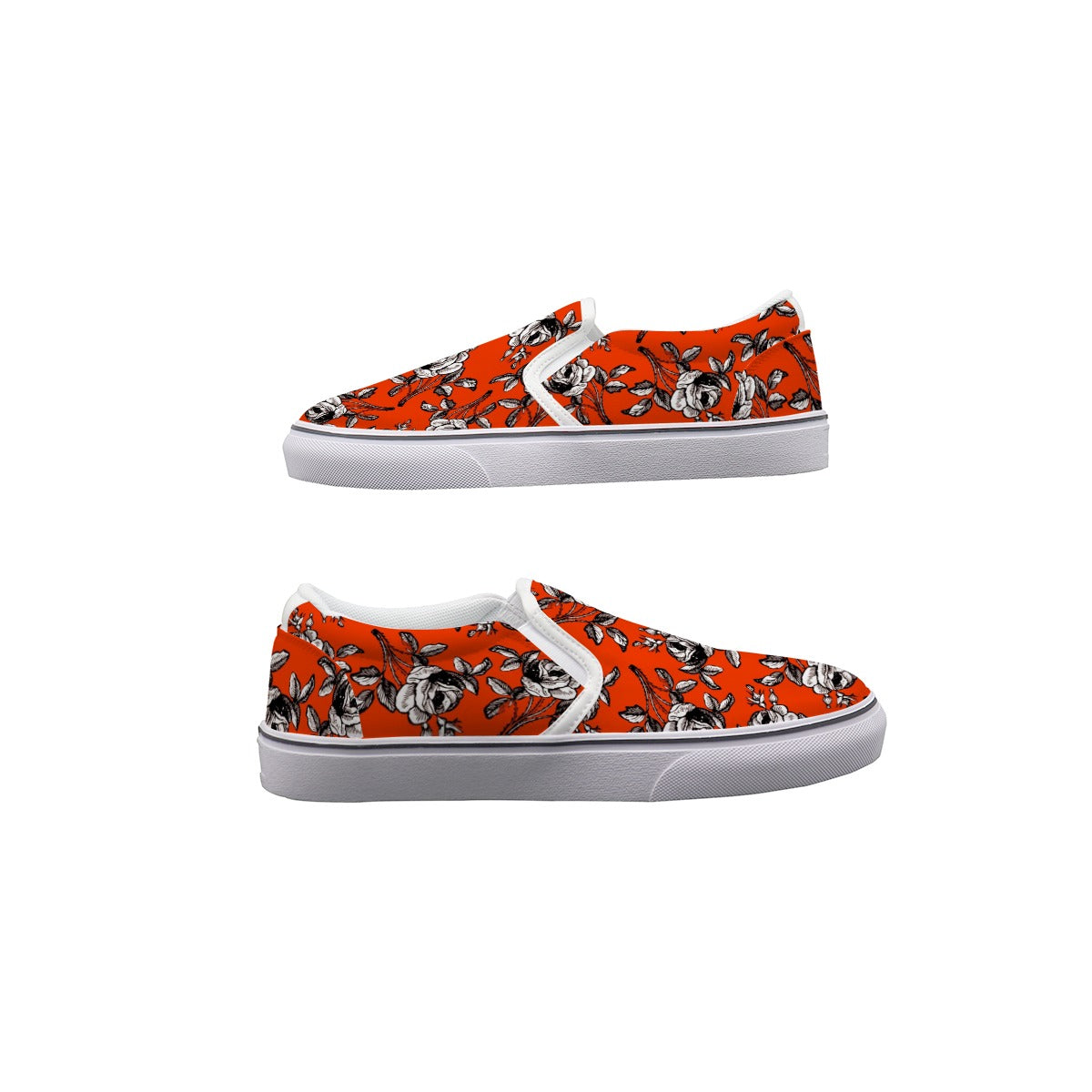 Black And White Roses In Orange Women's Slip On Sneakers