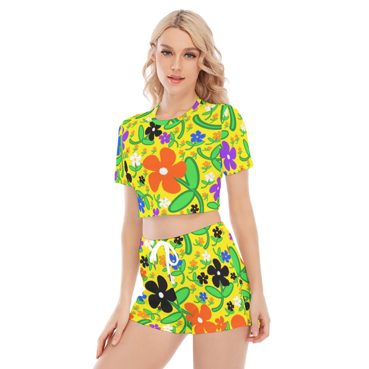 Colorful Flowers In Yellow All-Over Print Women's O-neck T-shirt Shorts Suit